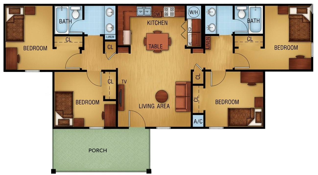 Four-bedroom quadplex apartment floor plan