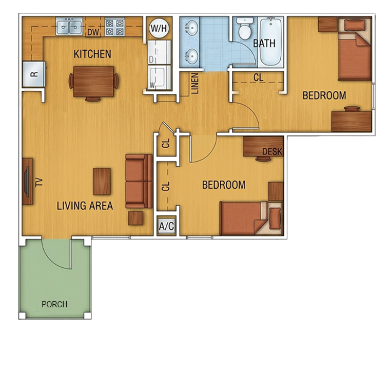 Type 3 two-bedroom, one-bath apartment floor plan