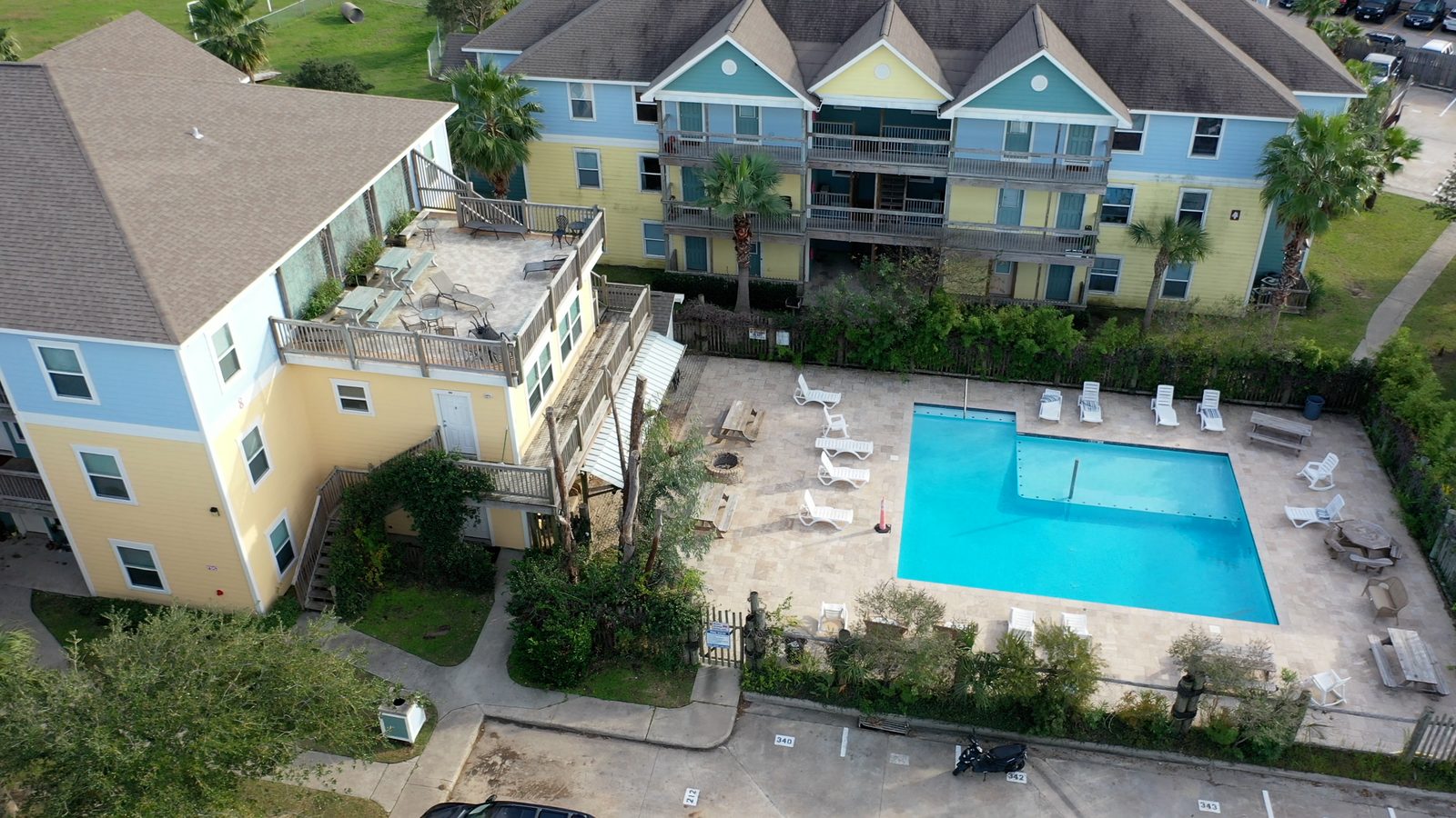 Aerial view of the UAG saline pool and apartment buildings