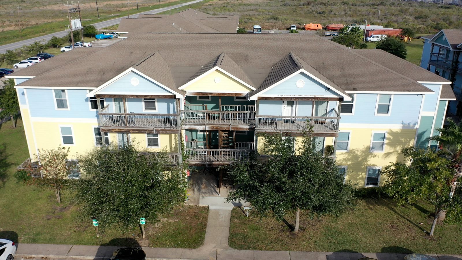 Aerial view of a UAG apartment building and courtyard